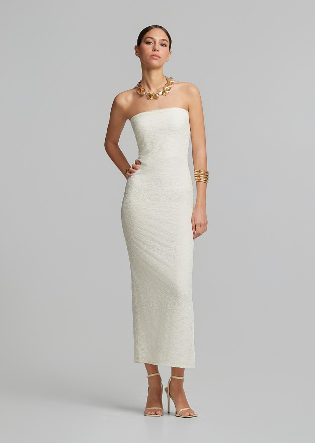 Rochie midi fără bretele cu dantelă
