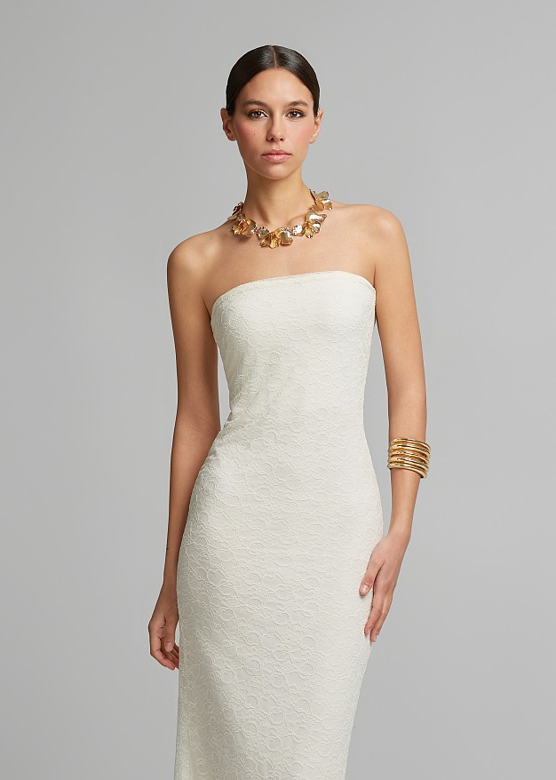 Rochie midi fără bretele cu dantelă