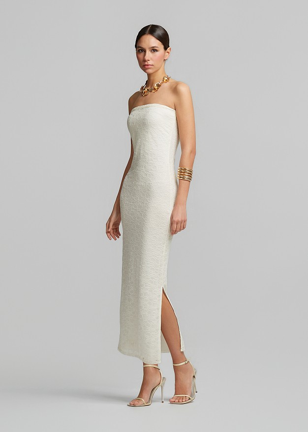 Rochie midi fără bretele cu dantelă
