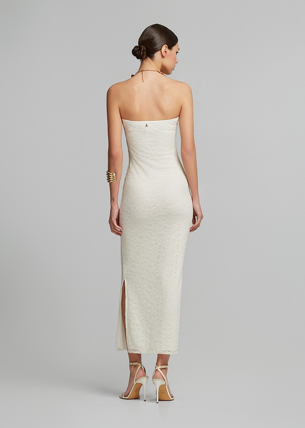 Rochie midi fără bretele cu dantelă