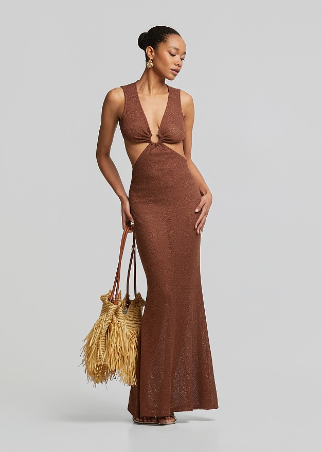 Maxi knitted lurex dress with cut-outs