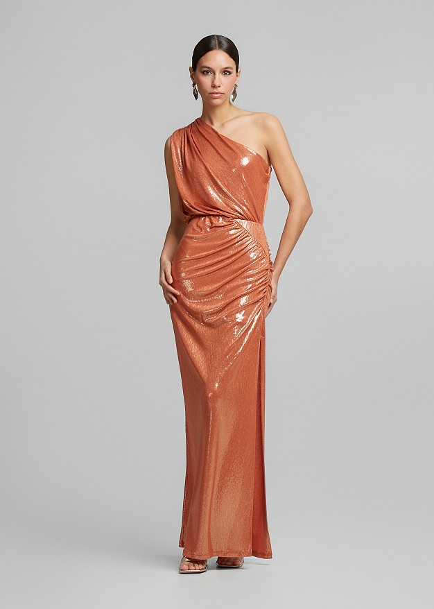 Maxi lurex one-shoulder dress