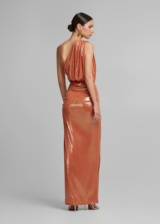 Maxi lurex one-shoulder dress