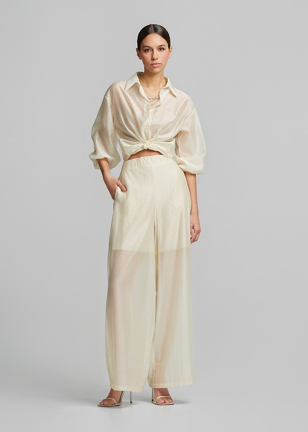 Sheer trousers with sparkling rhinestone embellishments