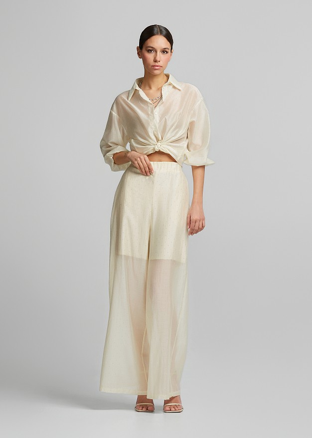 Sheer trousers with sparkling rhinestone embellishments