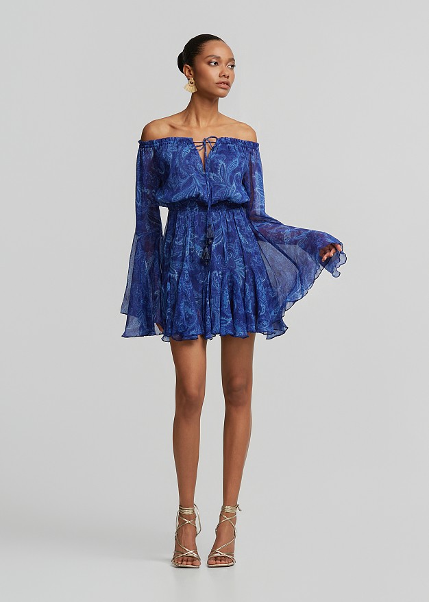 Off-shoulder printed playsuit with ruffle detailing