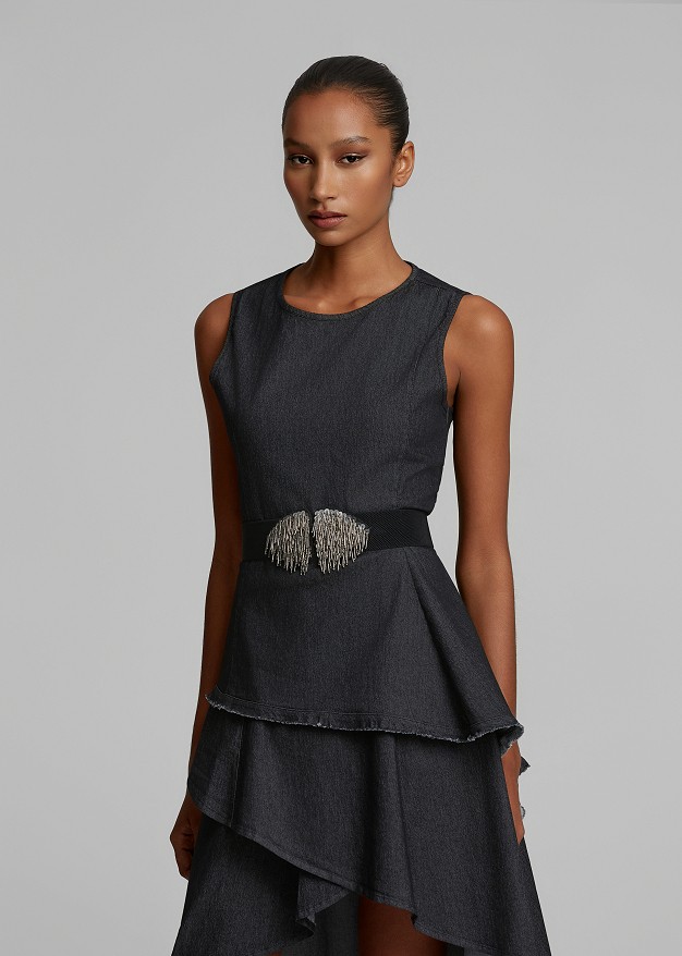 Asymmetric soft denim top