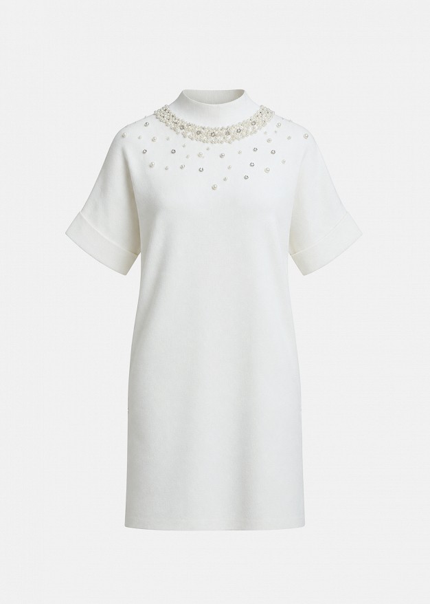 Knit sack dress in pearls and crystals