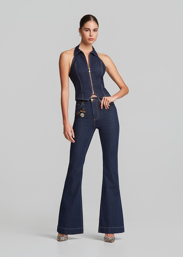 High waisted flared jeans with brooches