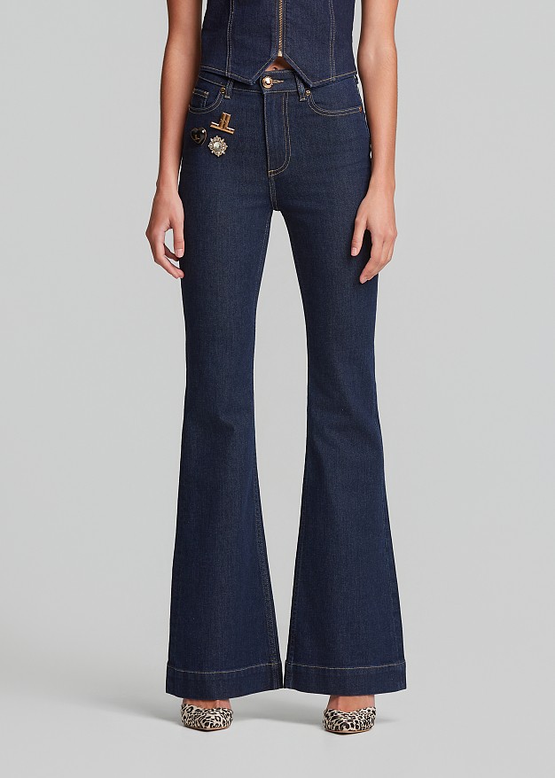High waisted flared jeans with brooches