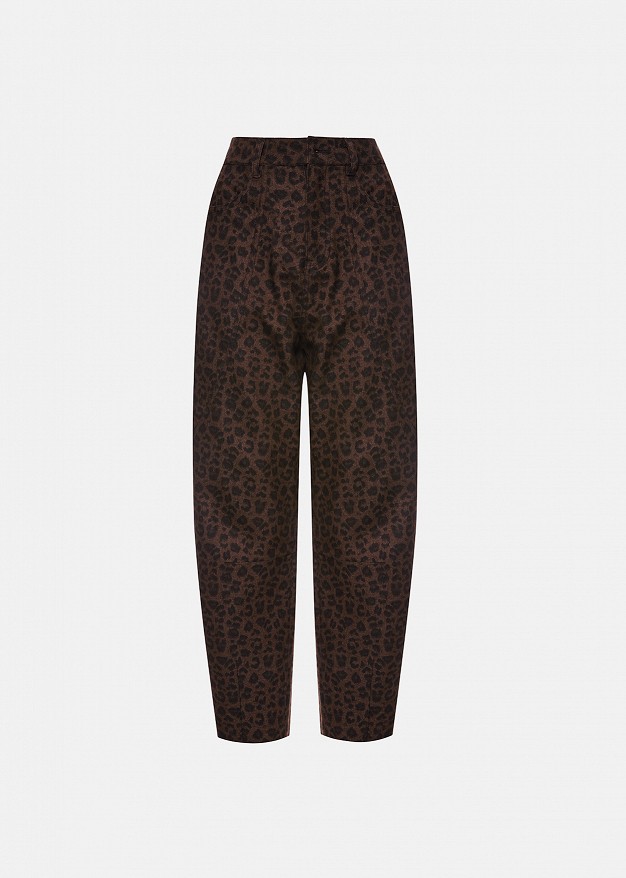 Animal printed barrel-leg denim trousers
