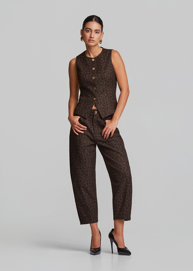 Animal printed barrel-leg denim trousers