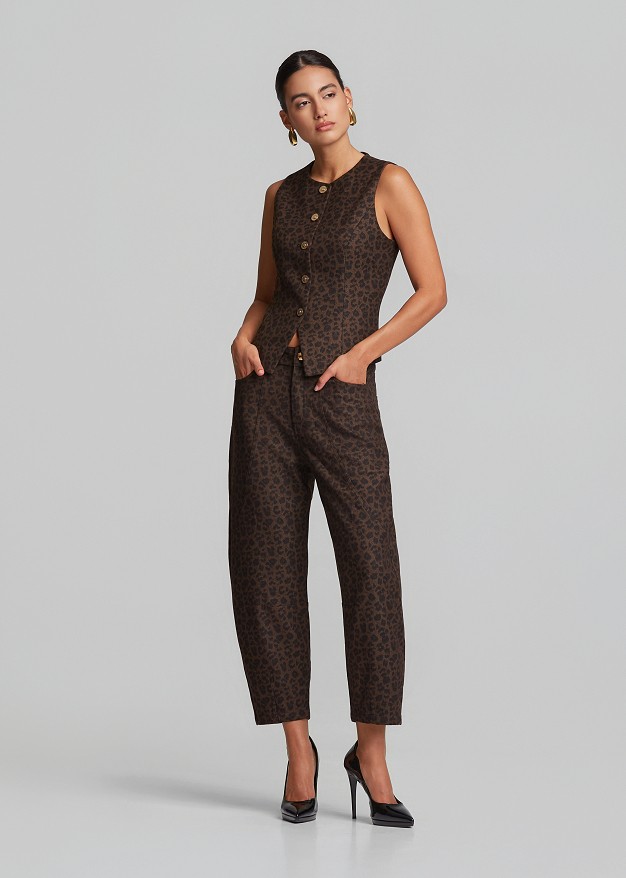 Animal printed barrel-leg denim trousers