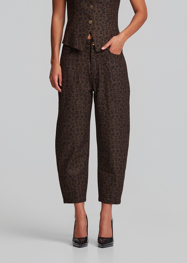 Animal printed barrel-leg denim trousers