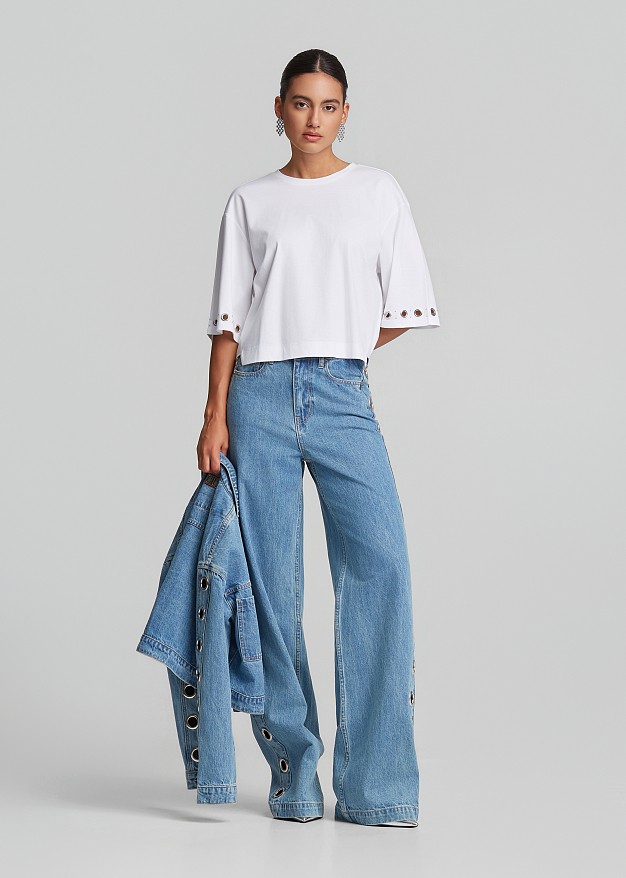Denim trousers in metallic side details