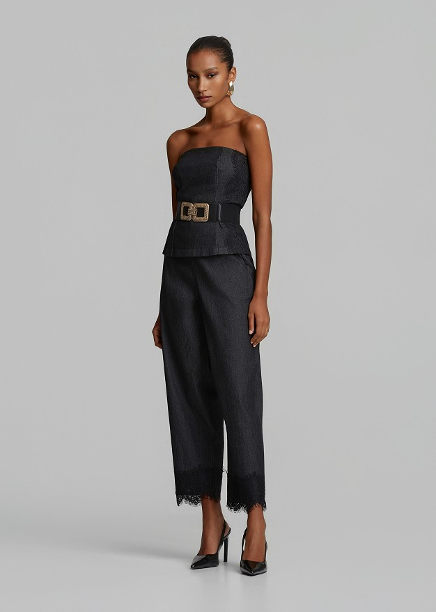 Trousers in soft denim and decorative lace hem