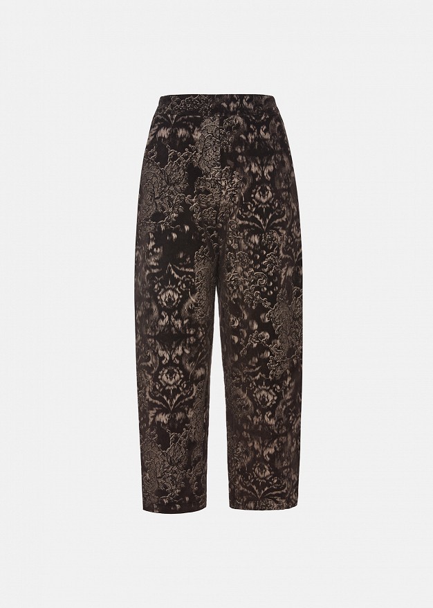 Printed velvet-effect brocade barrel-leg trousers