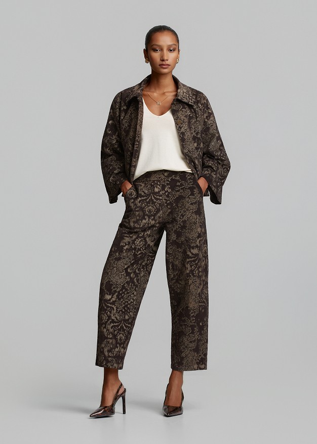 Printed velvet-effect brocade barrel-leg trousers