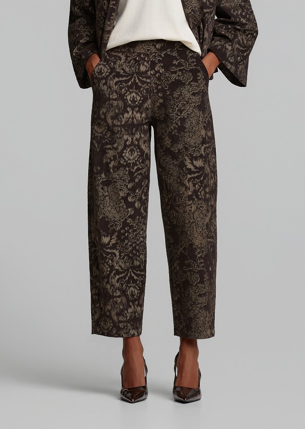 Printed velvet-effect brocade barrel-leg trousers