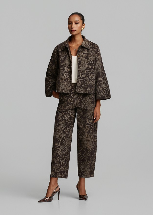 Printed velvet-effect brocade barrel-leg trousers