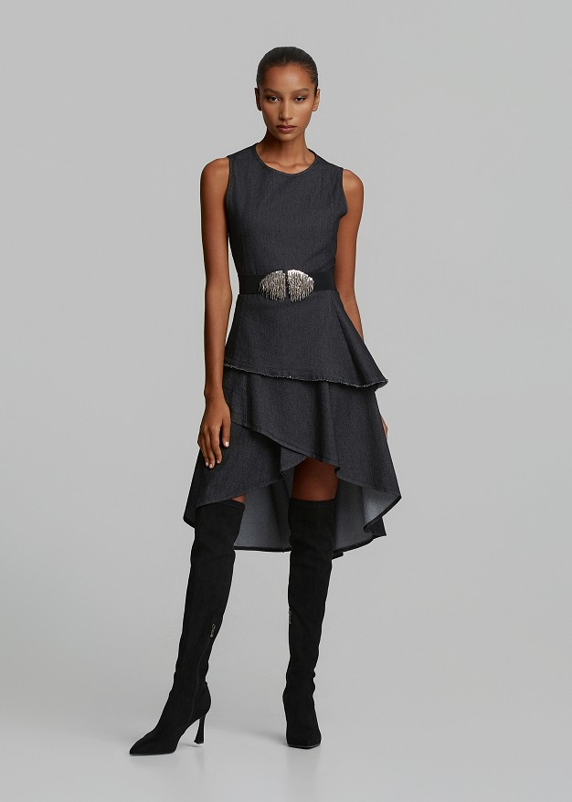 Asymmetric denim wrap skirt