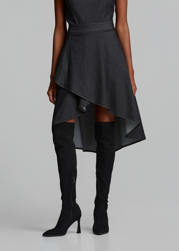 Asymmetric denim wrap skirt