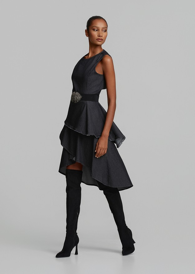 Asymmetric denim wrap skirt