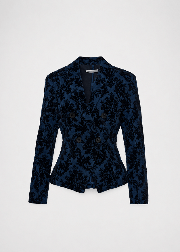 Fitted denim jacket in velvet paisley print