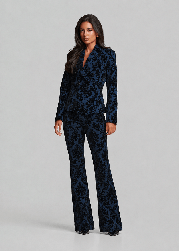 Fitted denim jacket in velvet paisley print
