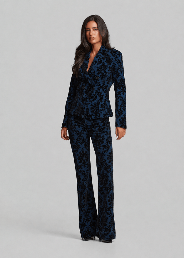 Fitted denim jacket in velvet paisley print