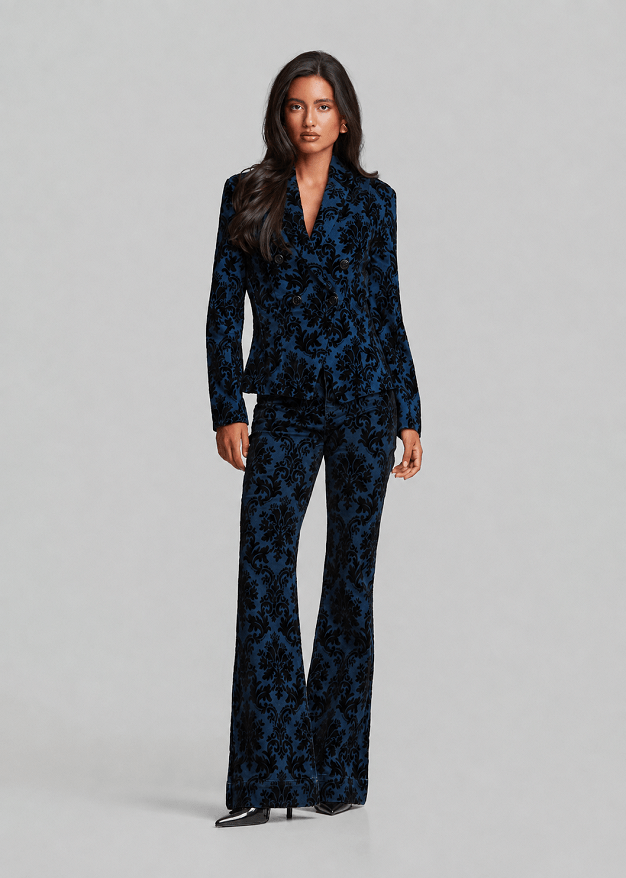 Fitted denim jacket in velvet paisley print