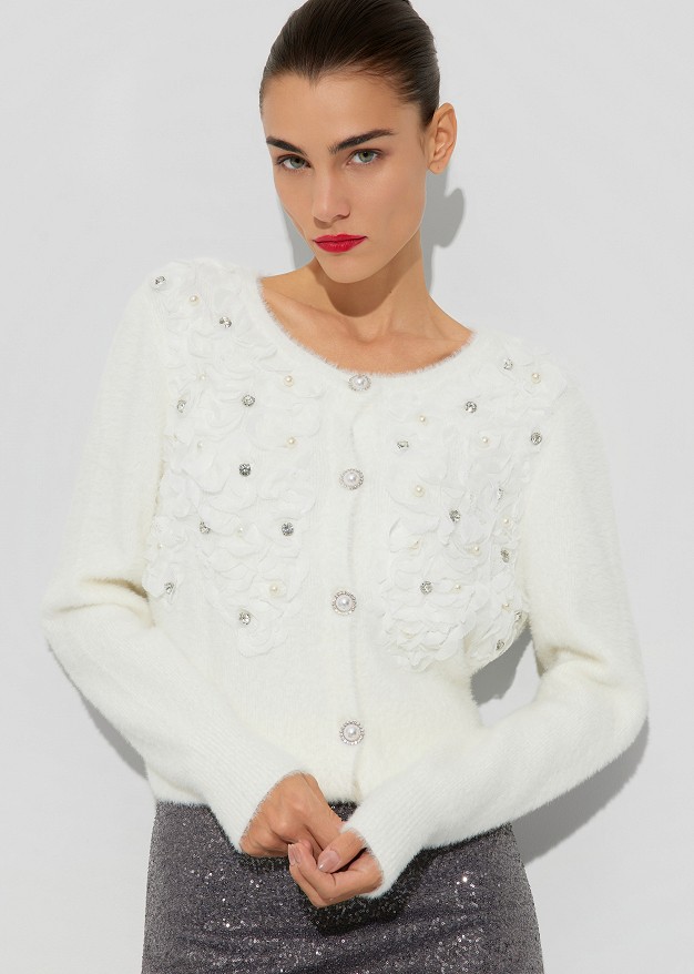 Cardigan cu aspect de mohair și volane
