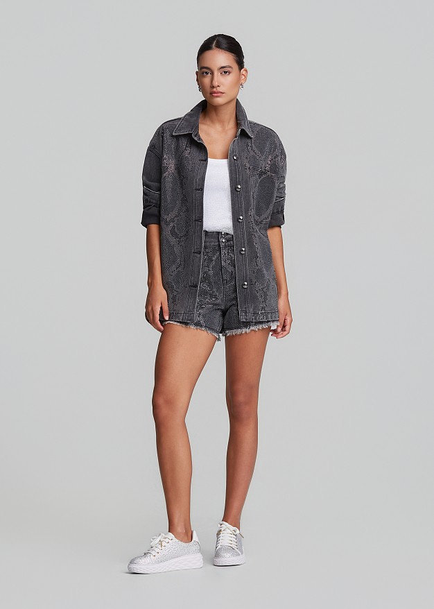 Grey denim shirt with snake-print hotfix