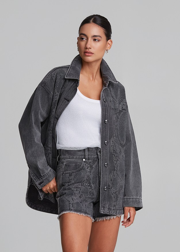 Grey denim shirt with snake-print hotfix