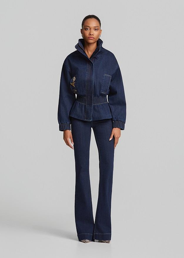 High-neck peplum denim jacket