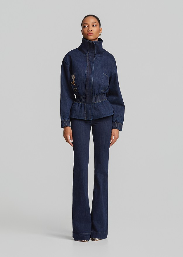High-neck peplum denim jacket