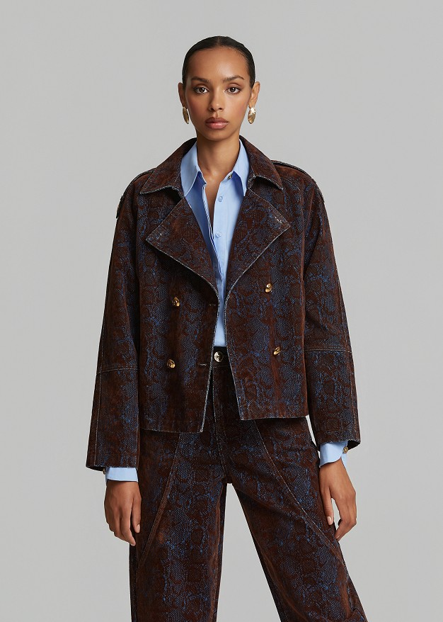 Double-breasted denim jacket with a velvet print