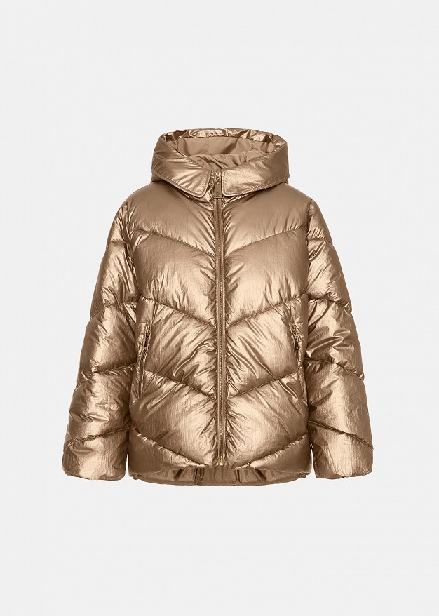 Hooded puffer jacket with a metallic finish