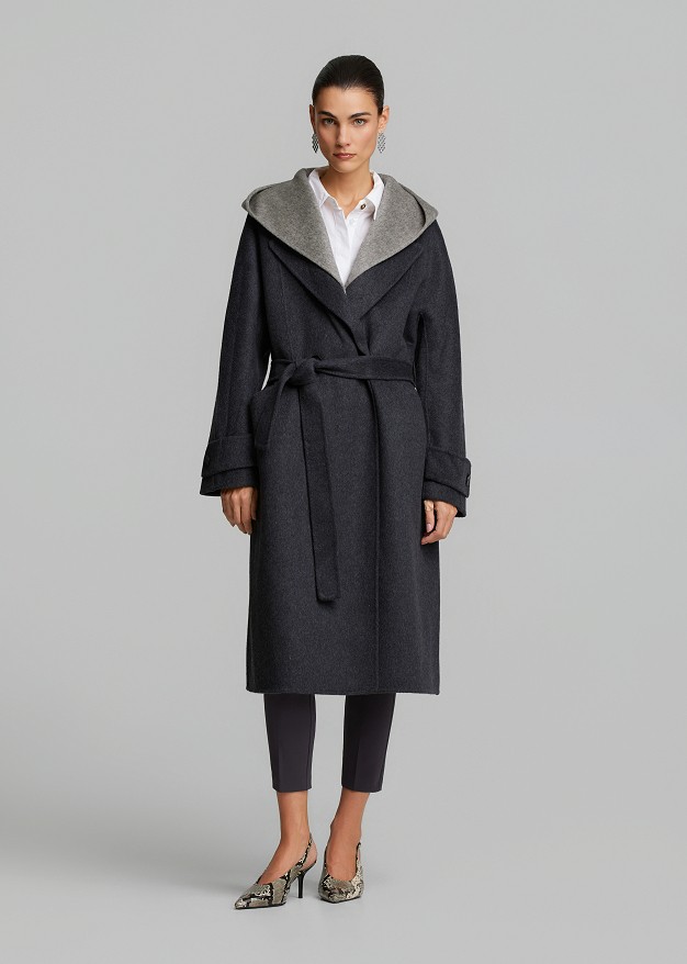 Long wool-look coat with a hood