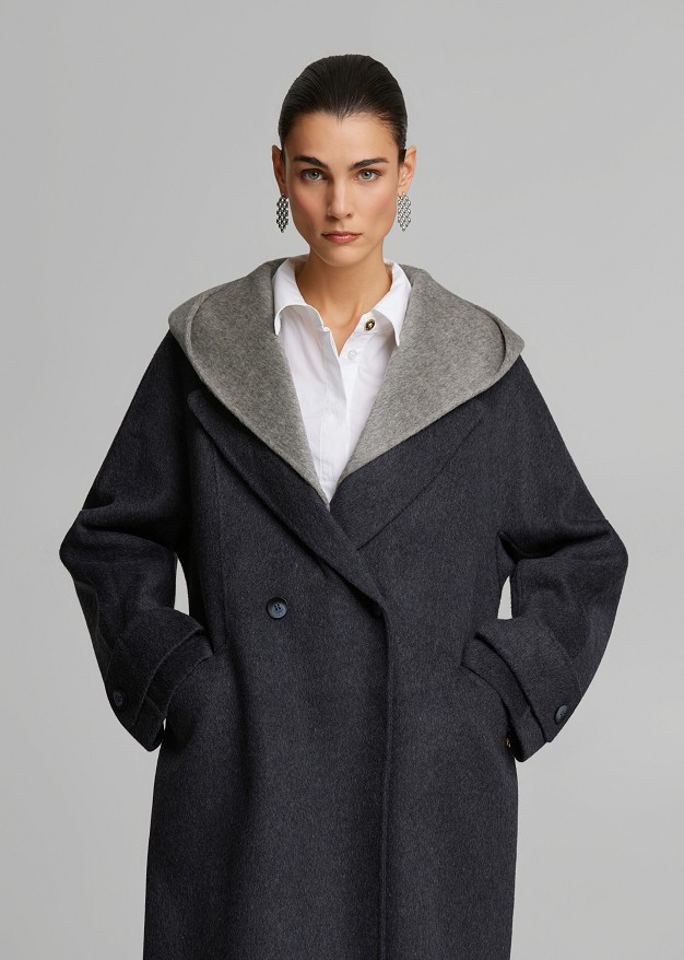 Long wool-look coat with a hood