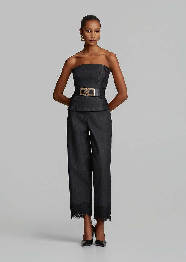Strapless soft denim top featuring side lace