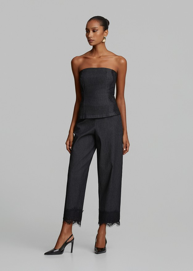Strapless soft denim top featuring side lace