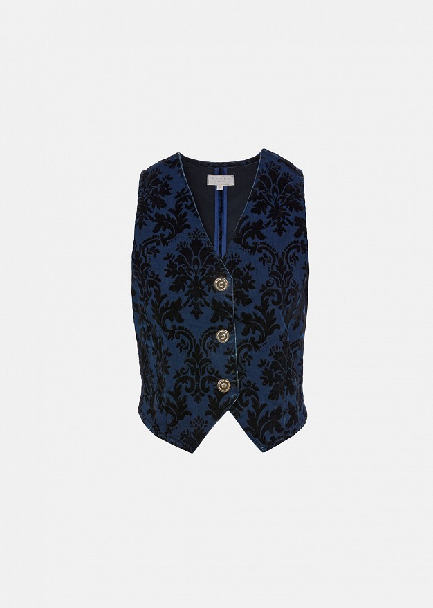 Denim vest with embossed velvet paisley print