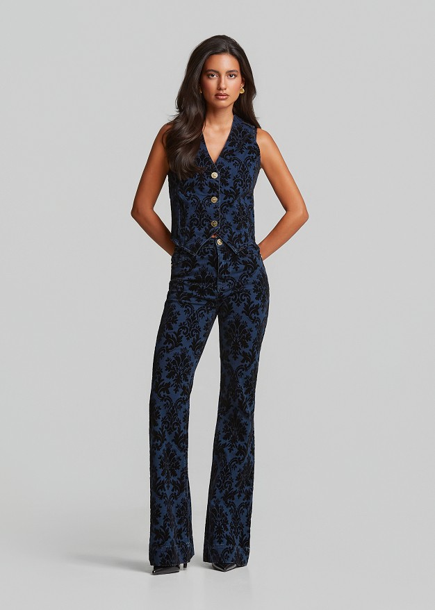 Denim vest with embossed velvet paisley print