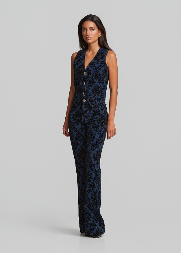 Denim vest with embossed velvet paisley print