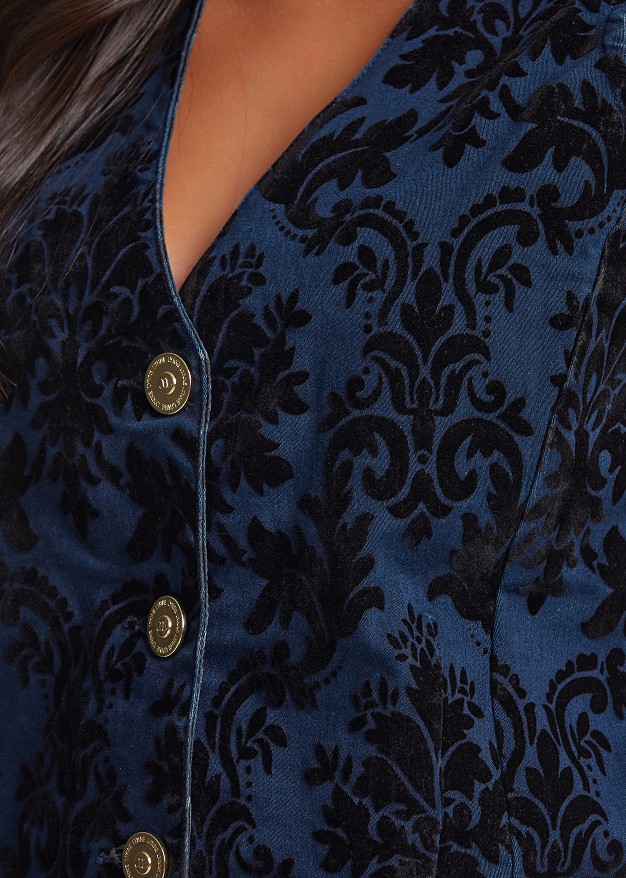 Denim vest with embossed velvet paisley print