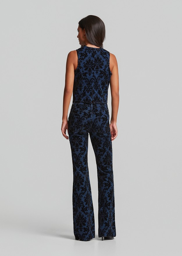 Denim vest with embossed velvet paisley print