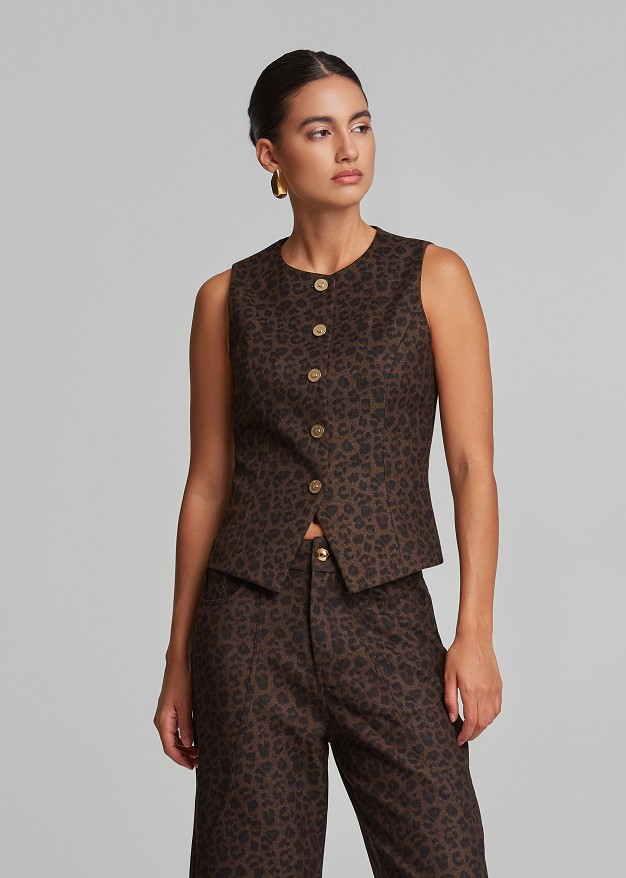 Leopard-print denim vest