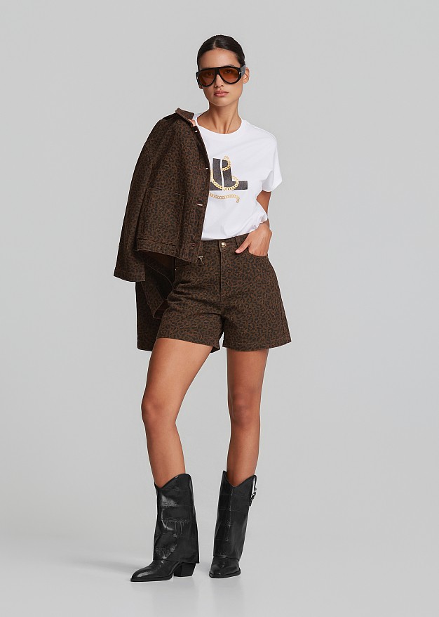 Animal-print denim shorts