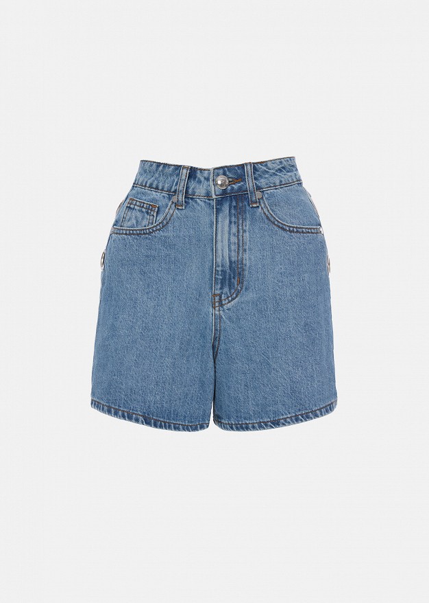 Denim shorts featuring metallic circle details
